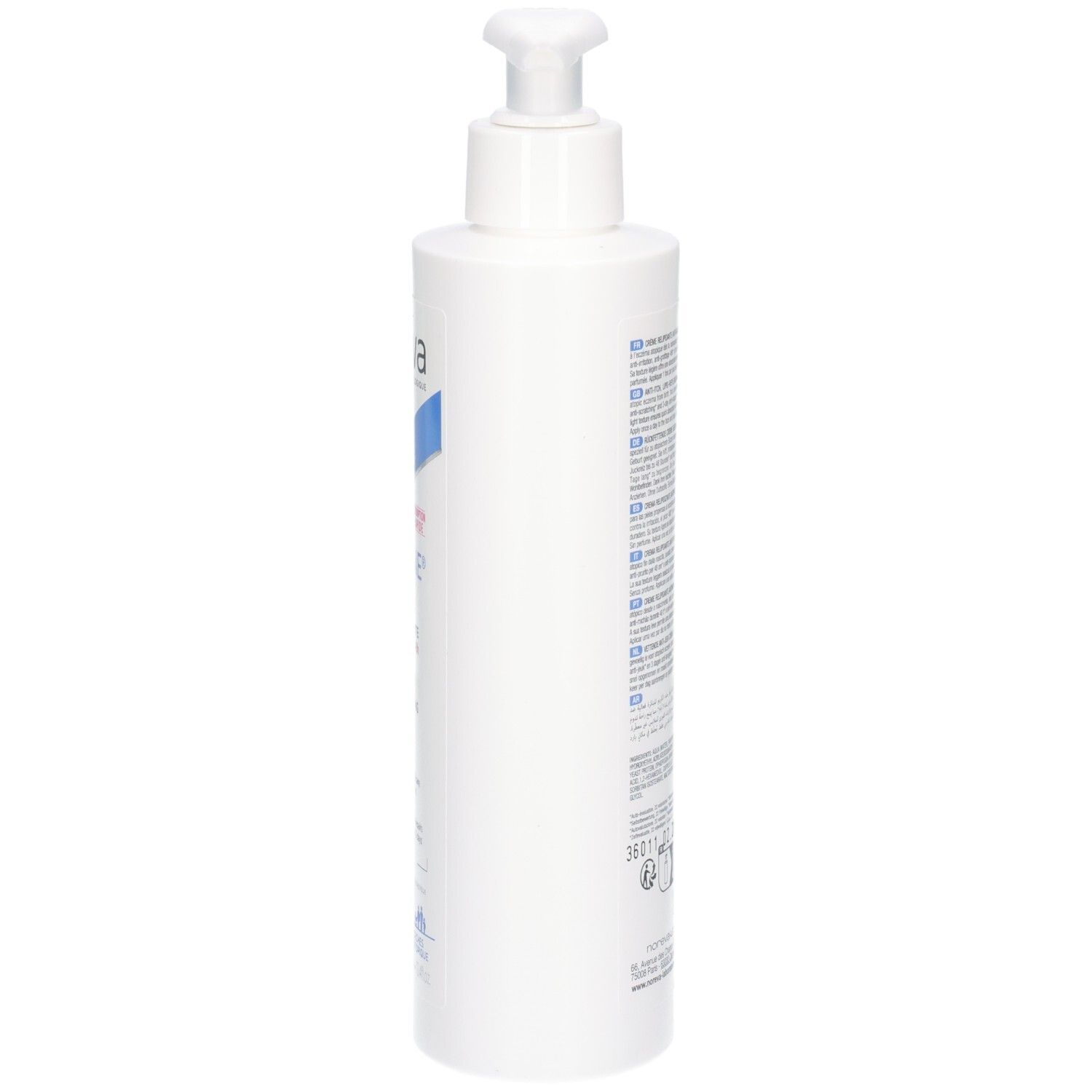 Côté d'un flacon pompe blanc Noreva ECZEANE Crème anti-grattage 48h.