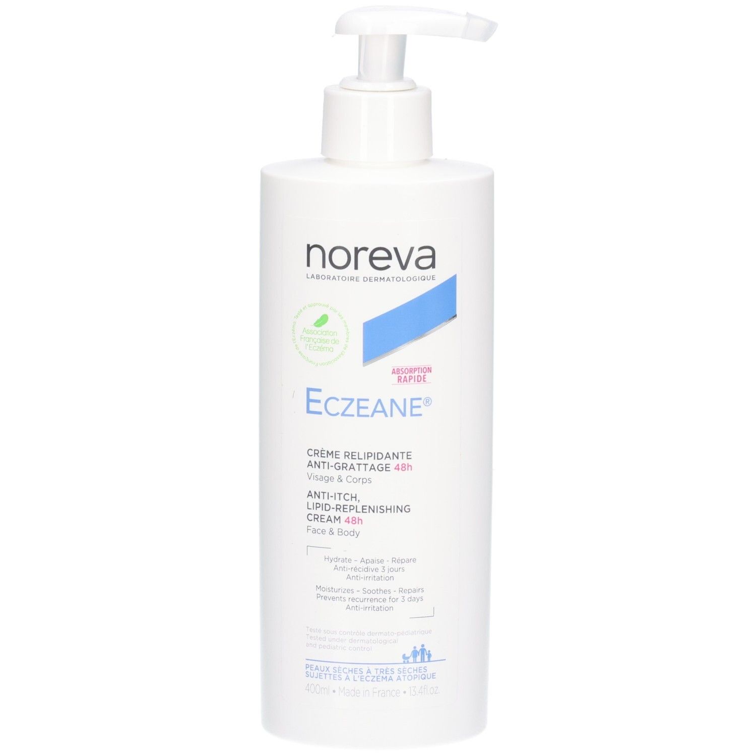 Flacon pompe blanc Noreva ECZEANE Crème anti-grattage 48h, Visage & Corps.