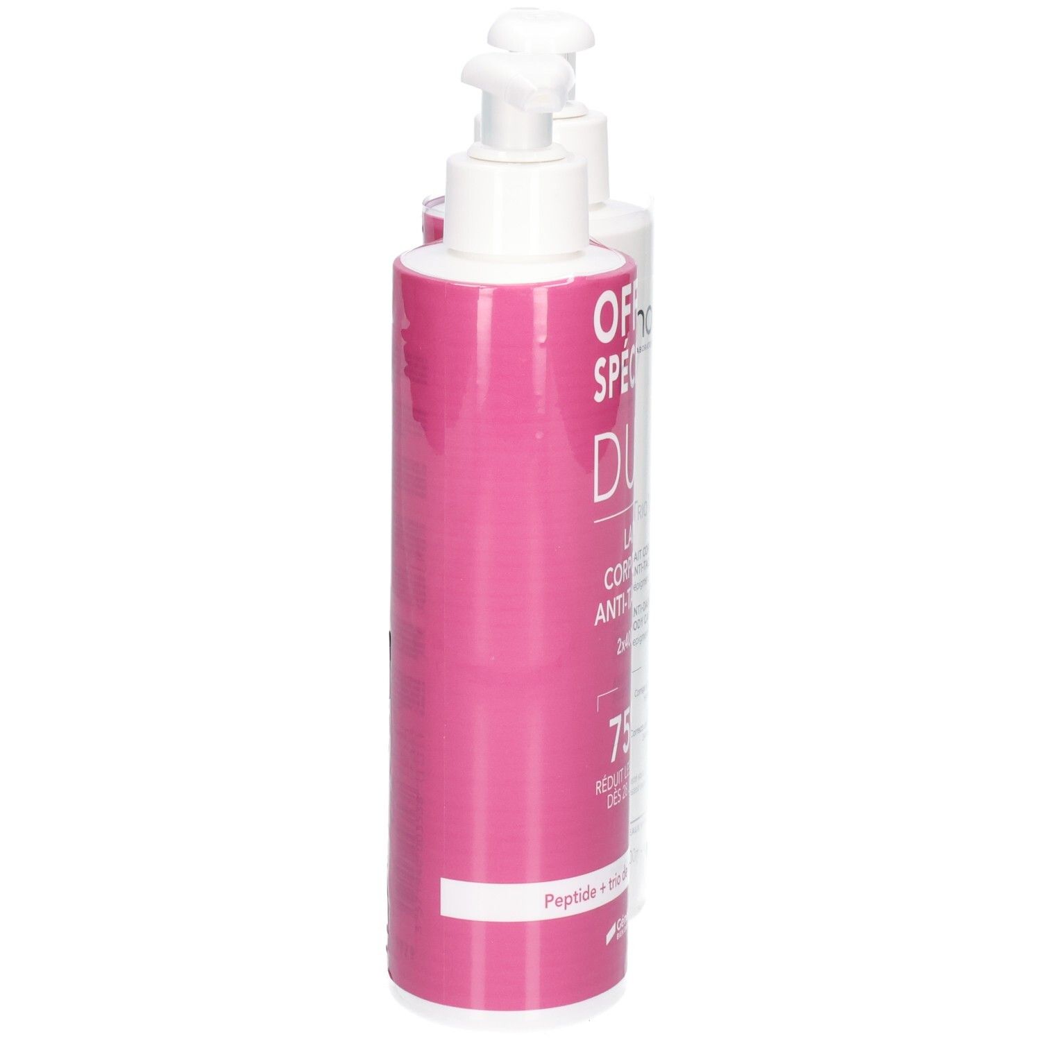 Vue latérale d'un flacon pompe rose avec inscription "Duo" et lait corporel.