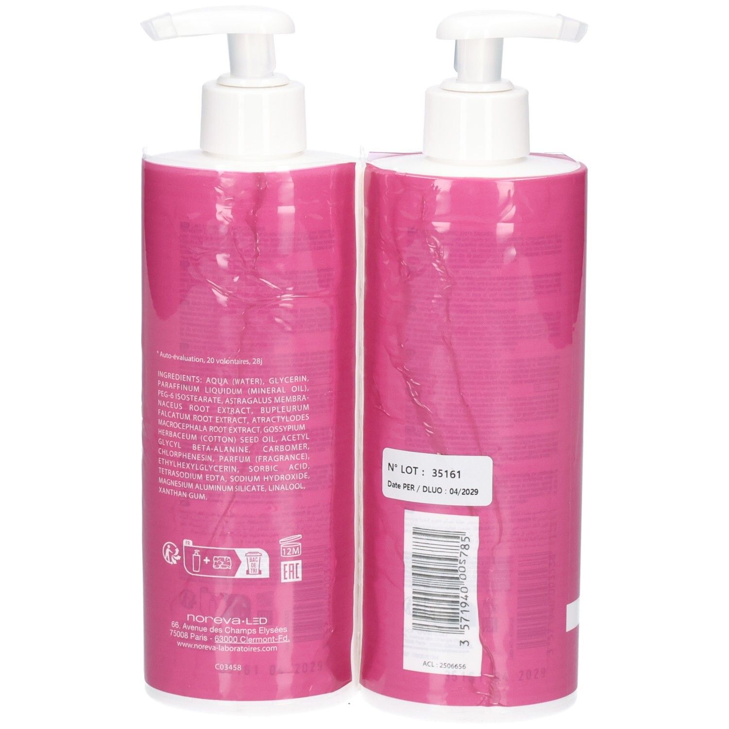 Arrière de deux flacons pompe roses avec ingrédients et informations produit.