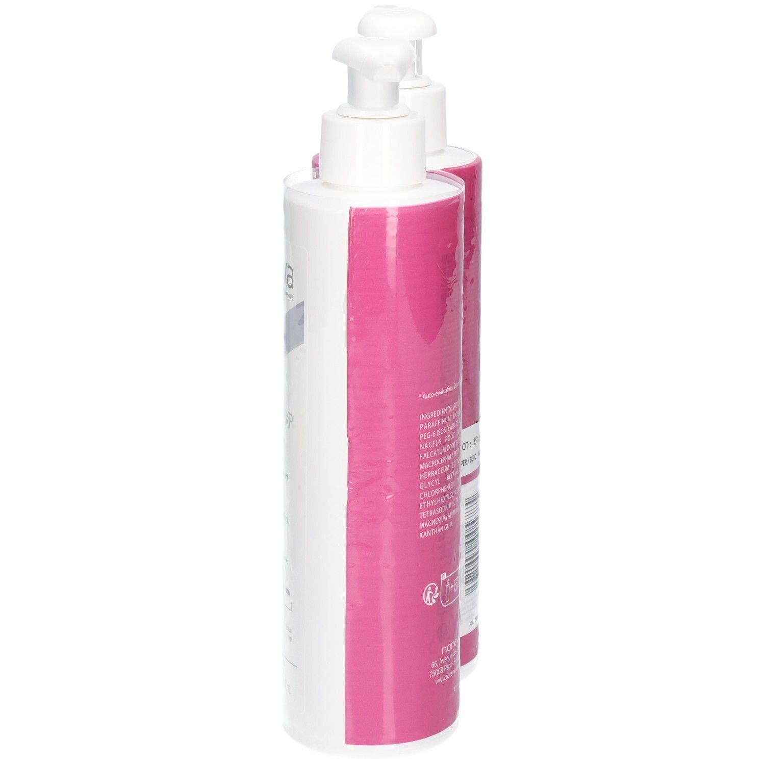 Vue latérale d'un flacon pompe rose avec inscription "Duo" et lait corporel.