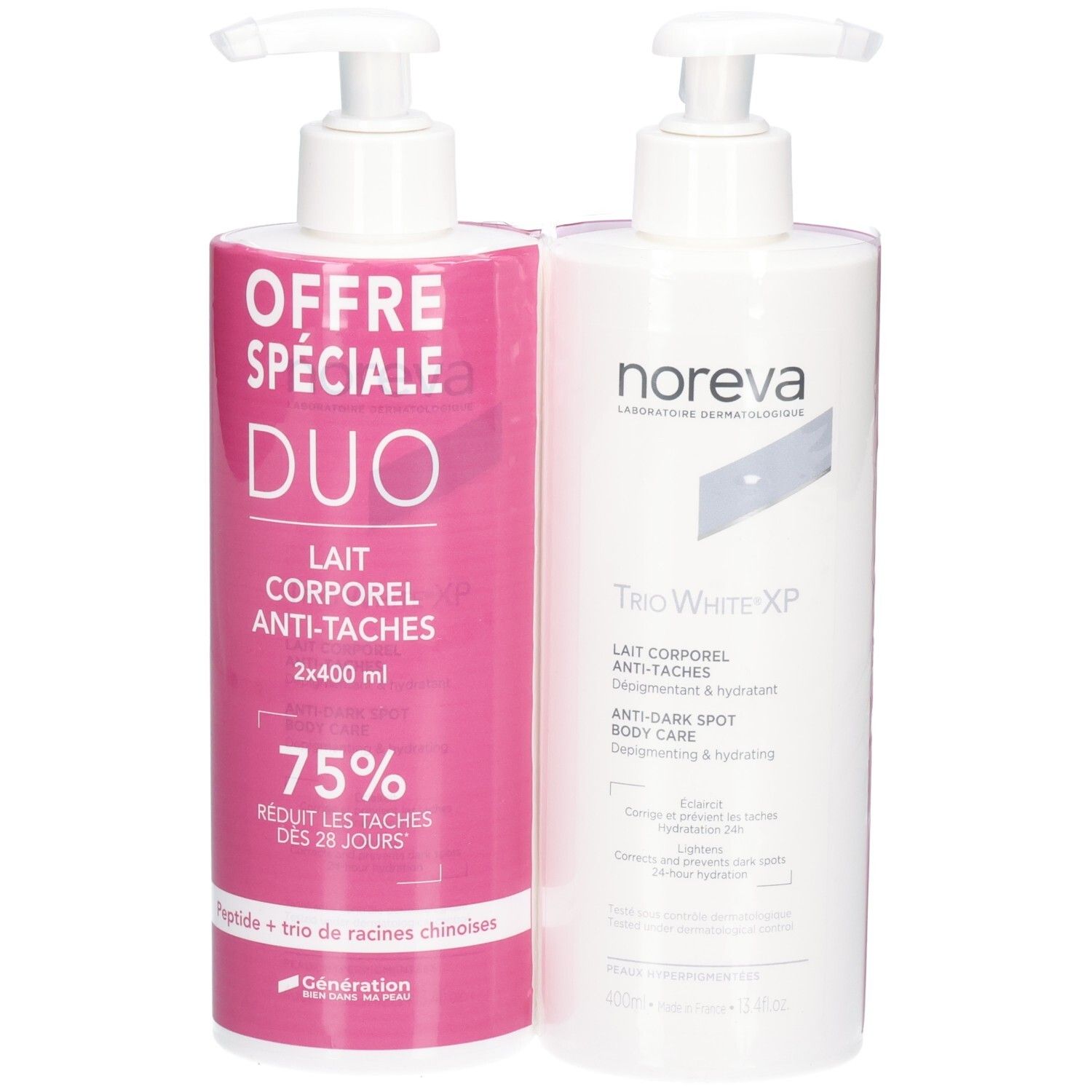 Deux flacons pompe de lait corporel, un rose avec inscription "Duo", l'autre blanc avec logo Noreva.