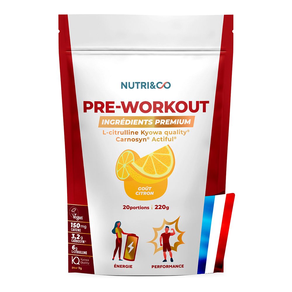 Sachet blanc Nutri & Co Pre-Workout goût citron 220g. Icônes vegan, énergie et performance.
