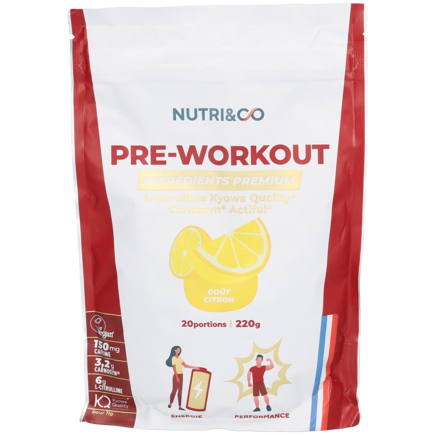 Sachet PRE-WORKOUT. Illustration de citron jaune. Contient 20 portions. Marque Nutri&Co.