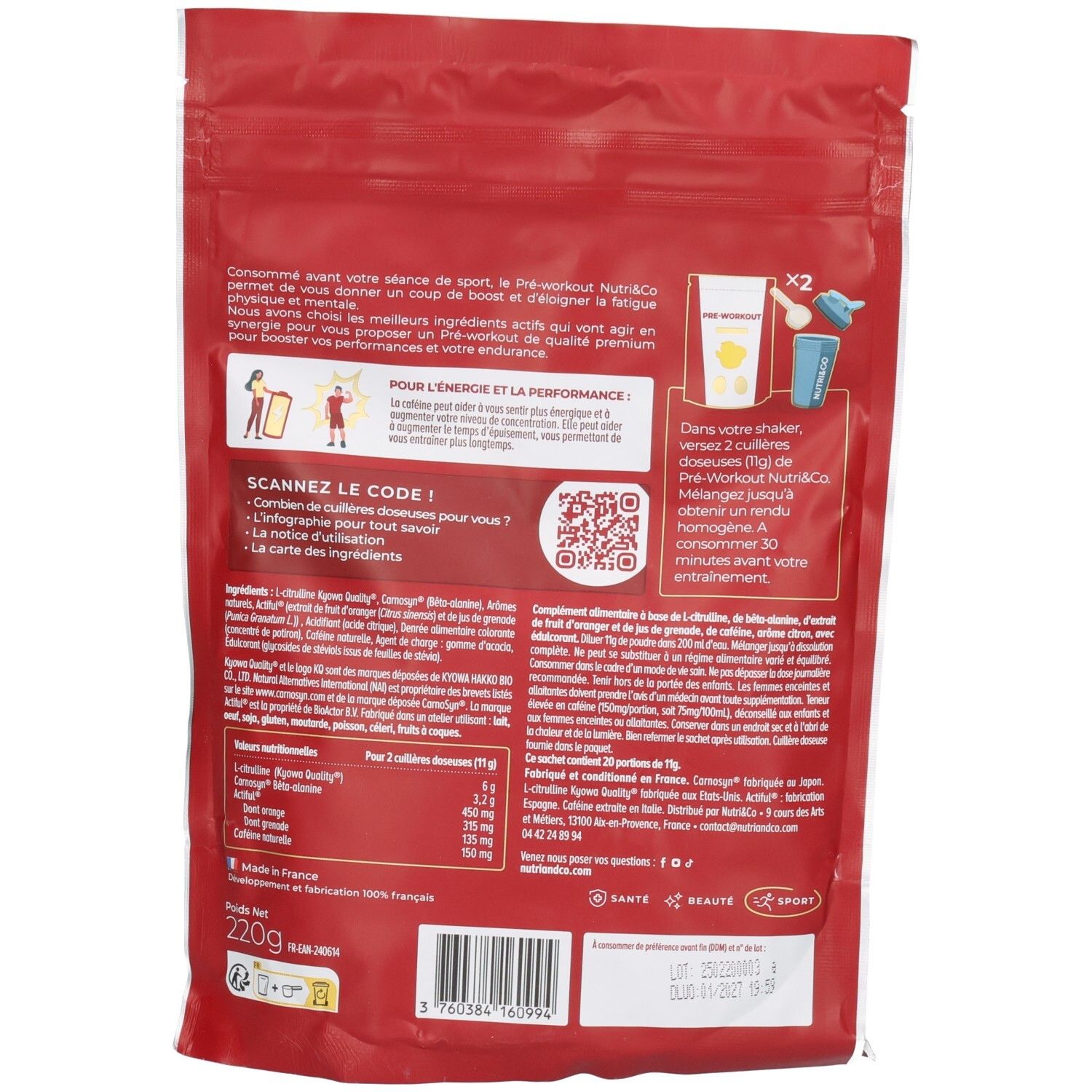 Dos du sachet. Texte et code QR. Contient des informations sur les ingrédients et l'utilisation.