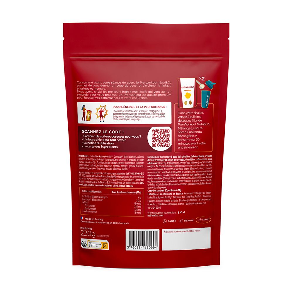 Dos de sachet Nutri & Co Pre-Workout avec informations détaillées et QR code.