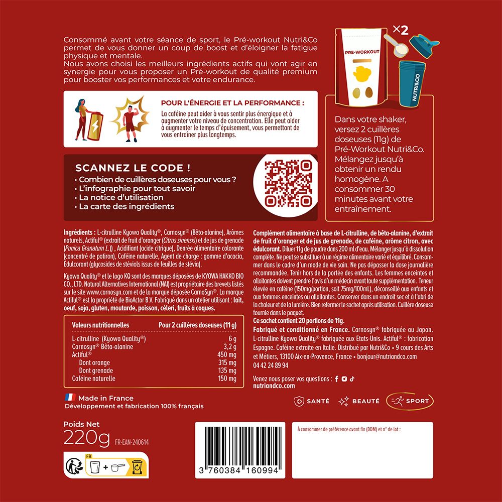Dos de sachet Nutri & Co Pre-Workout avec tableau nutritionnel et informations de fabrication.