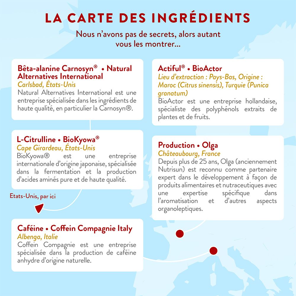 Carte des ingrédients Nutri & Co Pre-Workout : Bêta-alanine, Actiful, L-Citrulline, Caféine.
