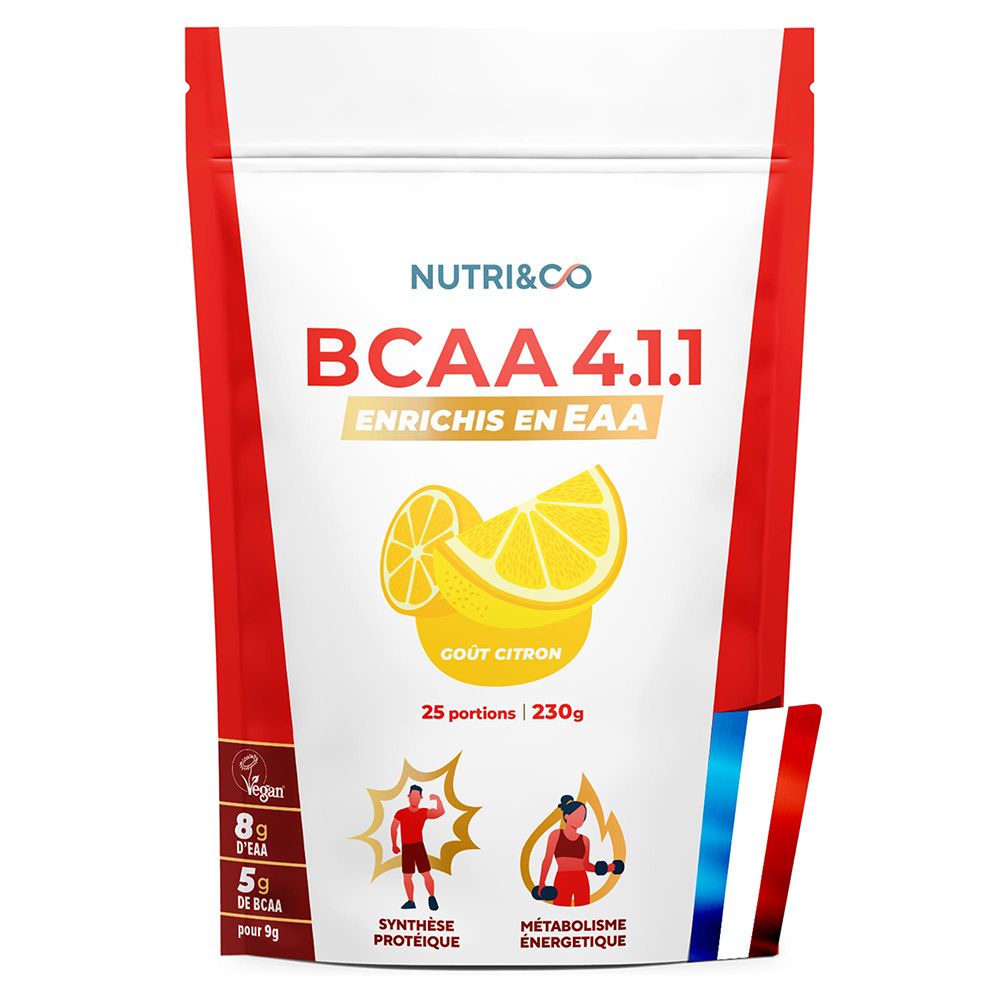 Nutri & Co BCAA 4.1.1 Poudre, goût citron, 25 portions, 230g. Vegan, enrichi en EAA.