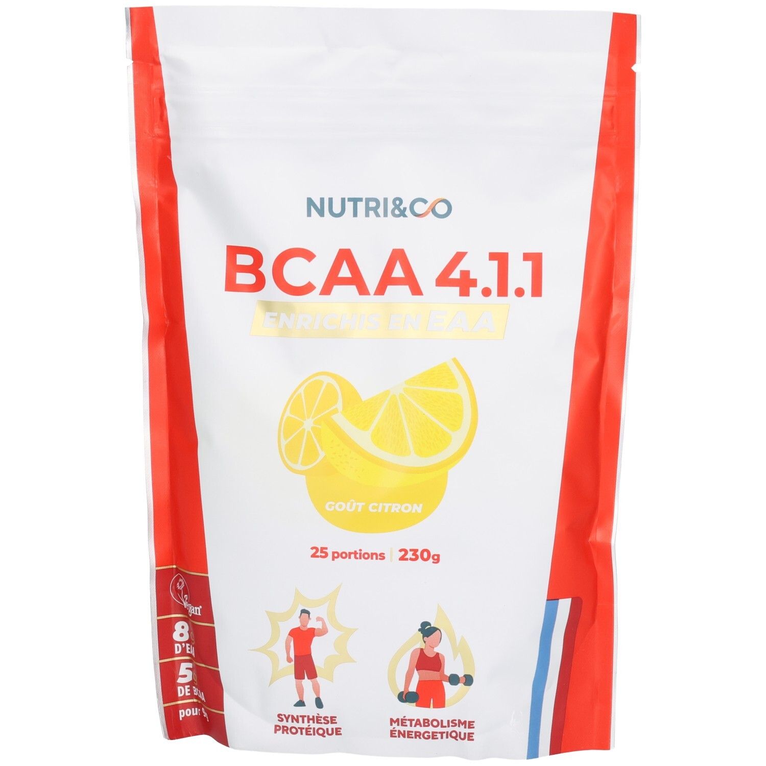 Sachet de poudre BCAA 4.1.1. Inscription: Citron, 25 portions, 230g. Illustrations d'athlètes et drapeau.