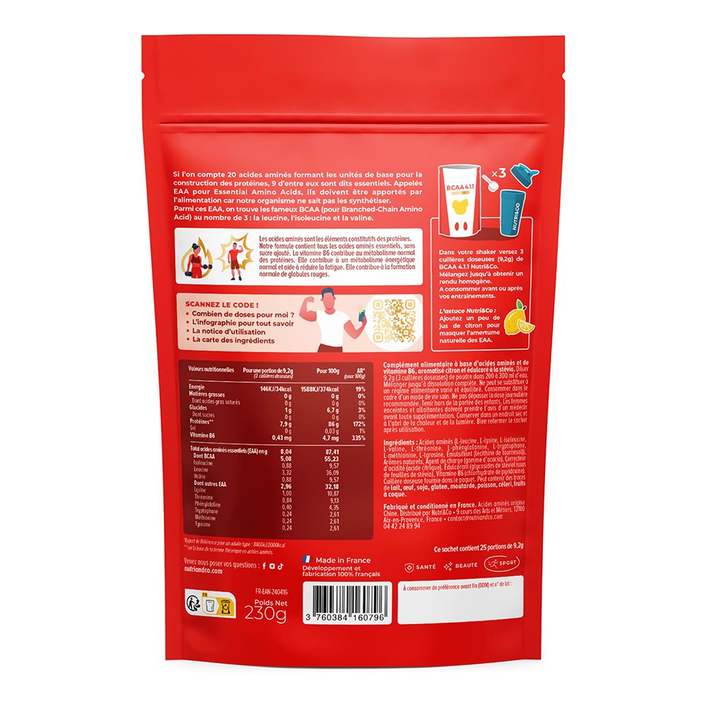 Dos de l'emballage Nutri & Co BCAA 4.1.1 avec informations nutritionnelles et instructions.