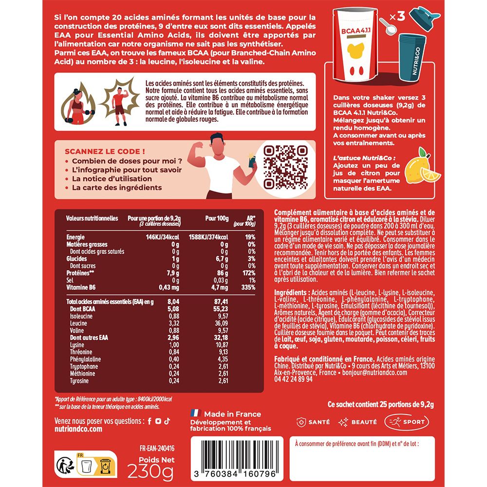 Vue détaillée du dos de Nutri & Co BCAA 4.1.1 avec tableau nutritionnel et informations d'origine.