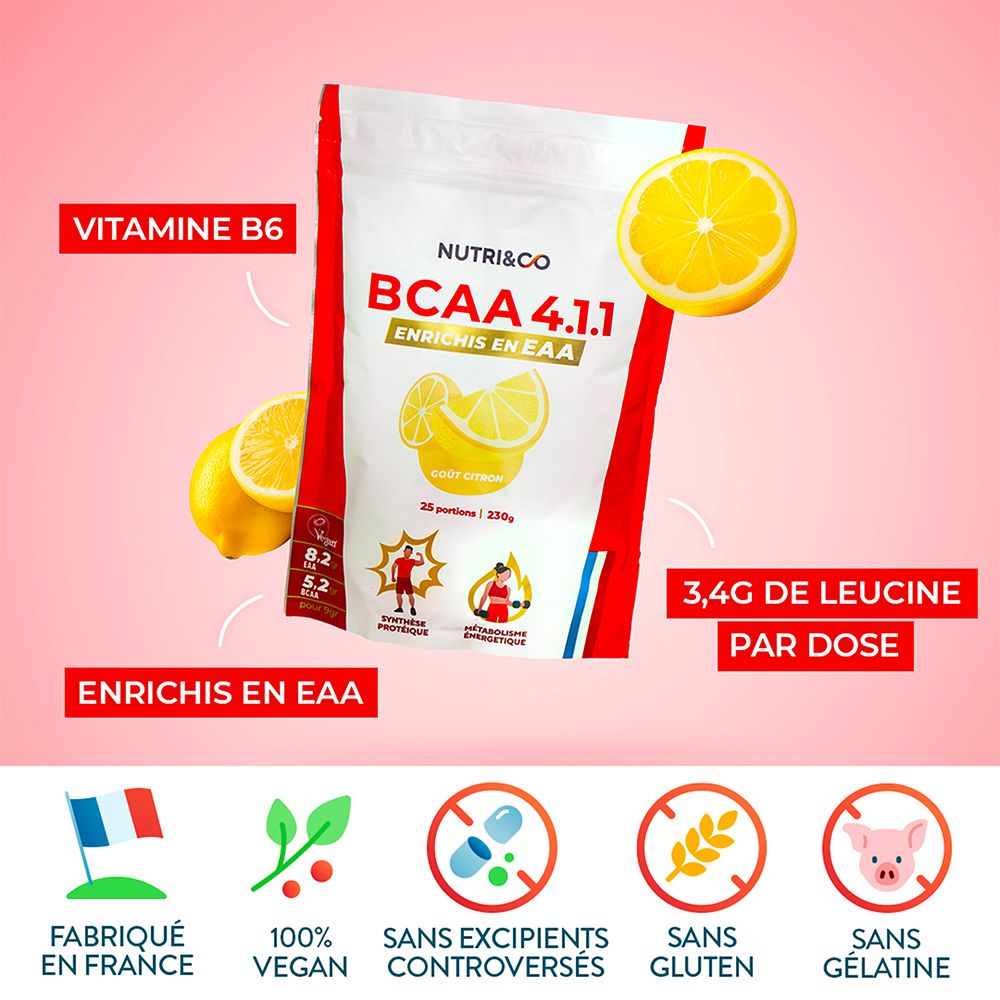 Emballage Nutri & Co BCAA 4.1.1 avec illustration de citron. Enrichi en Vitamine B6, EAA. Fabriqué en France.