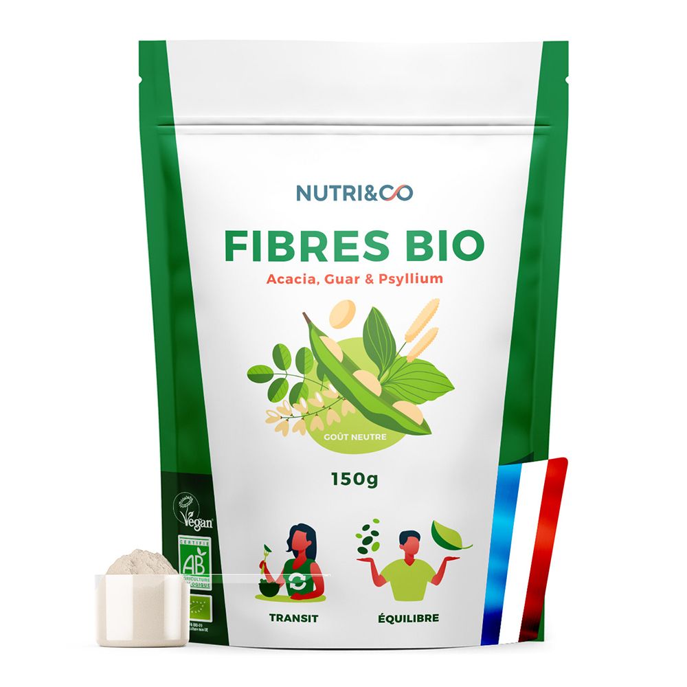 Sachet Nutri & Co Fibres Bio de 150g. Contient des fibres d'acacia, de guar et de psyllium.