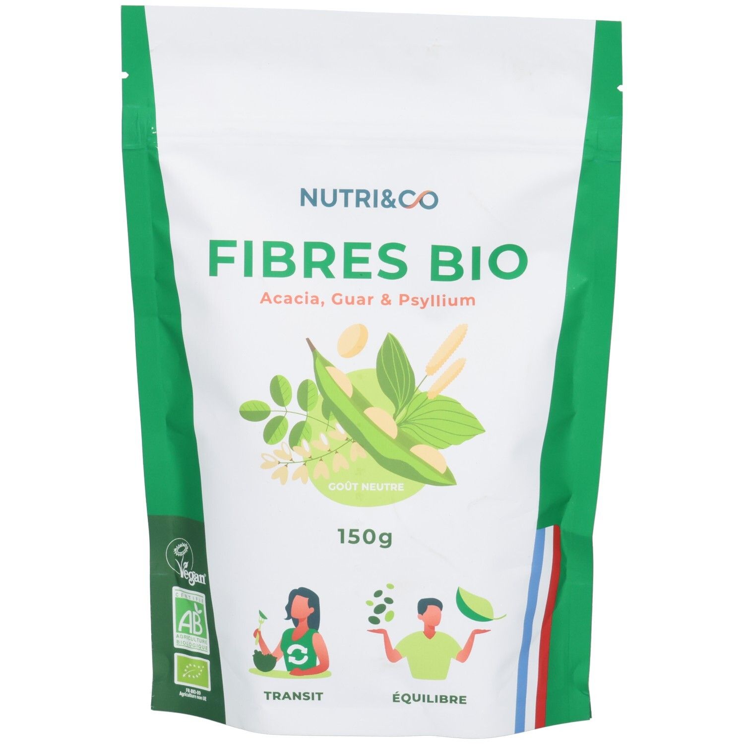 Sachet "Nutri&Co Fibres Bio". Vert et blanc, illustrations de plantes et personnes. Inscription : "Fibres Bio", "150g".