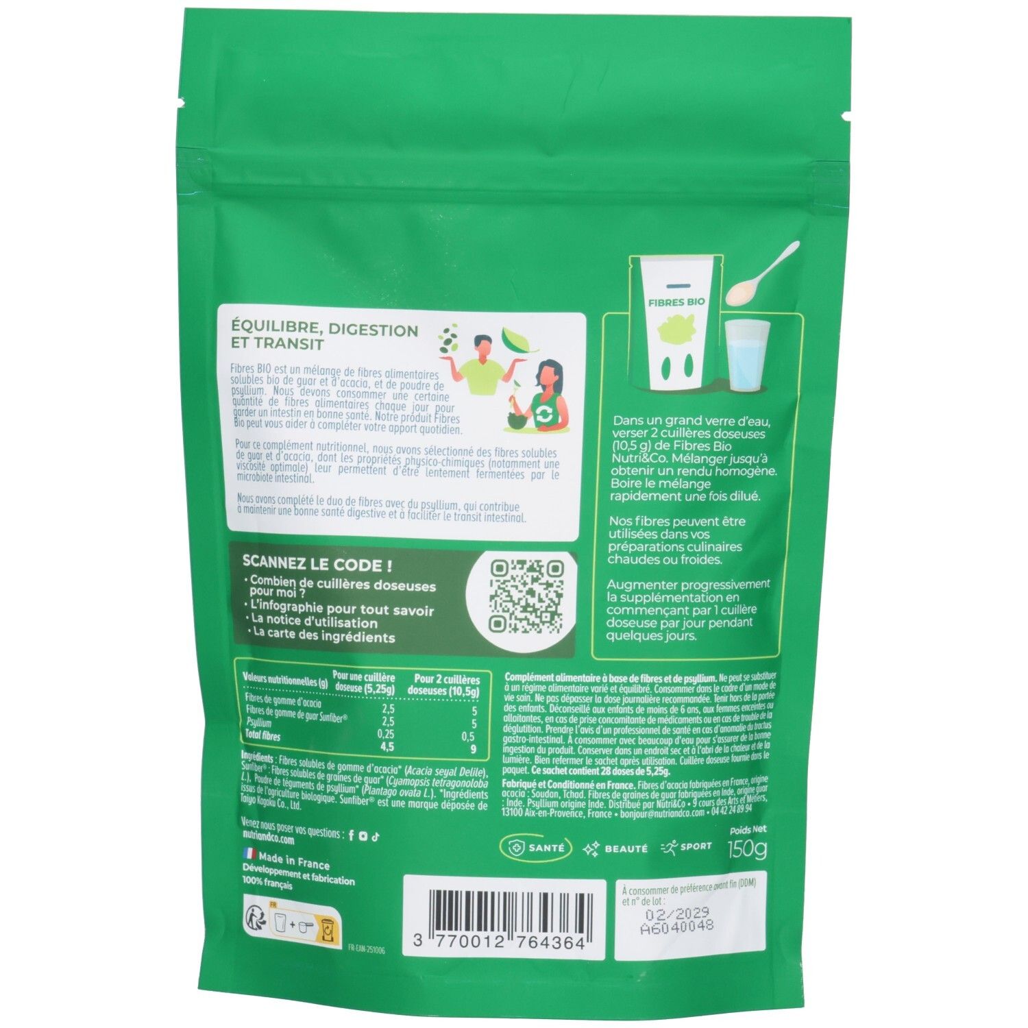 Dos du paquet "Nutri&Co Fibres Bio". Texte et illustrations. Code QR. Inscription : "150g".