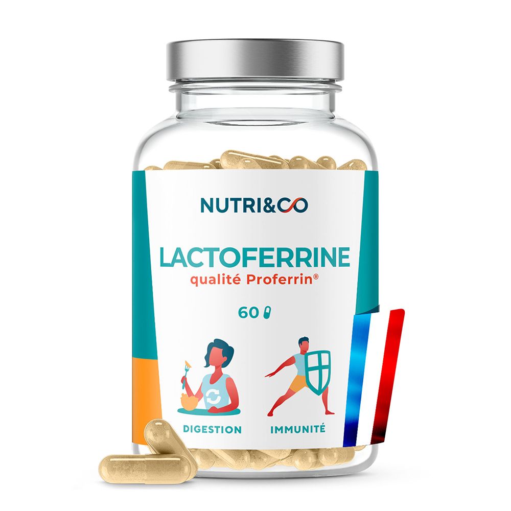 Bouteille en verre de 60 gélules de Lactoferrine, marque Nutri & Co. Qualité Proferrin.