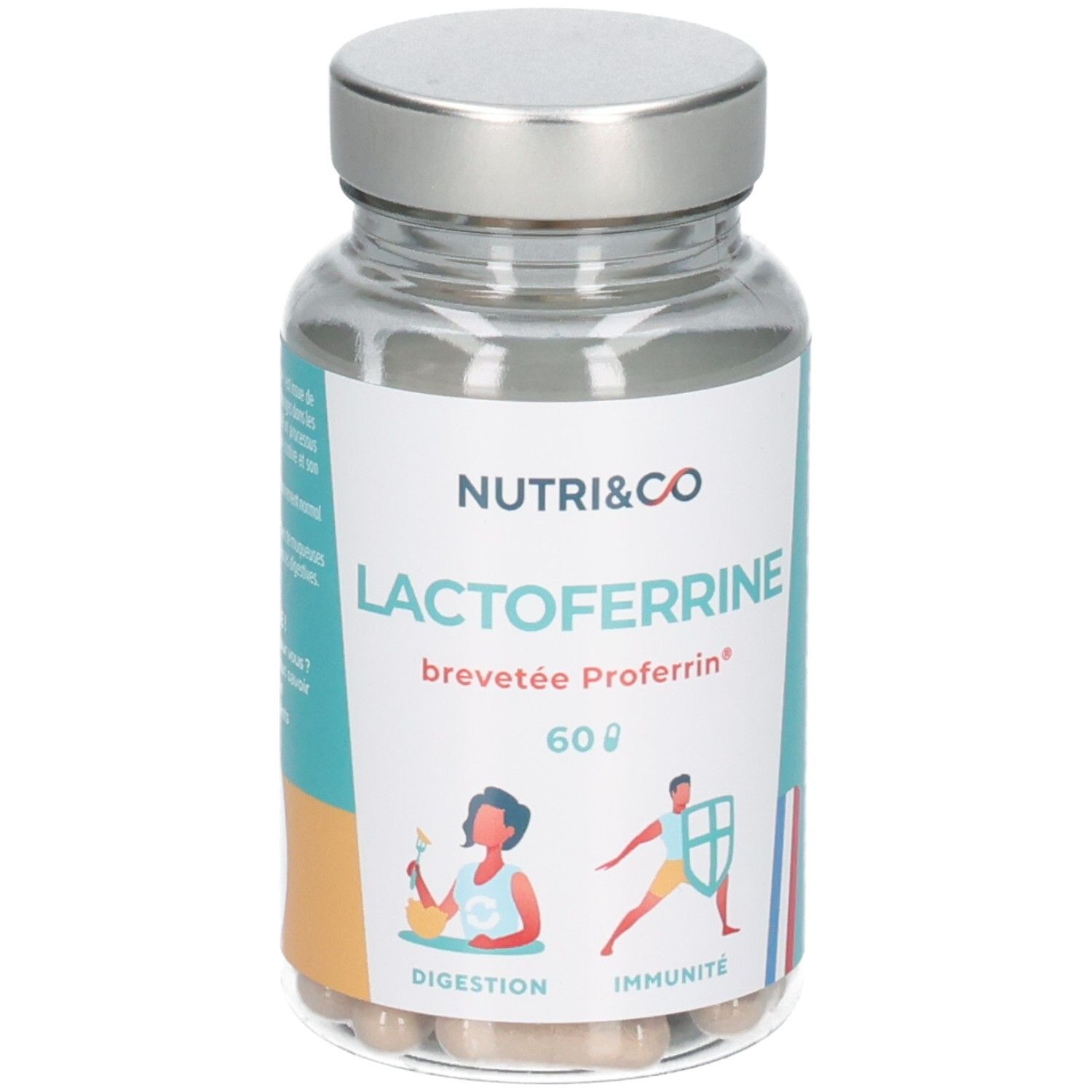 Bouteille en verre de 60 gélules de Lactoferrine, marque Nutri & Co. Qualité Proferrin.
