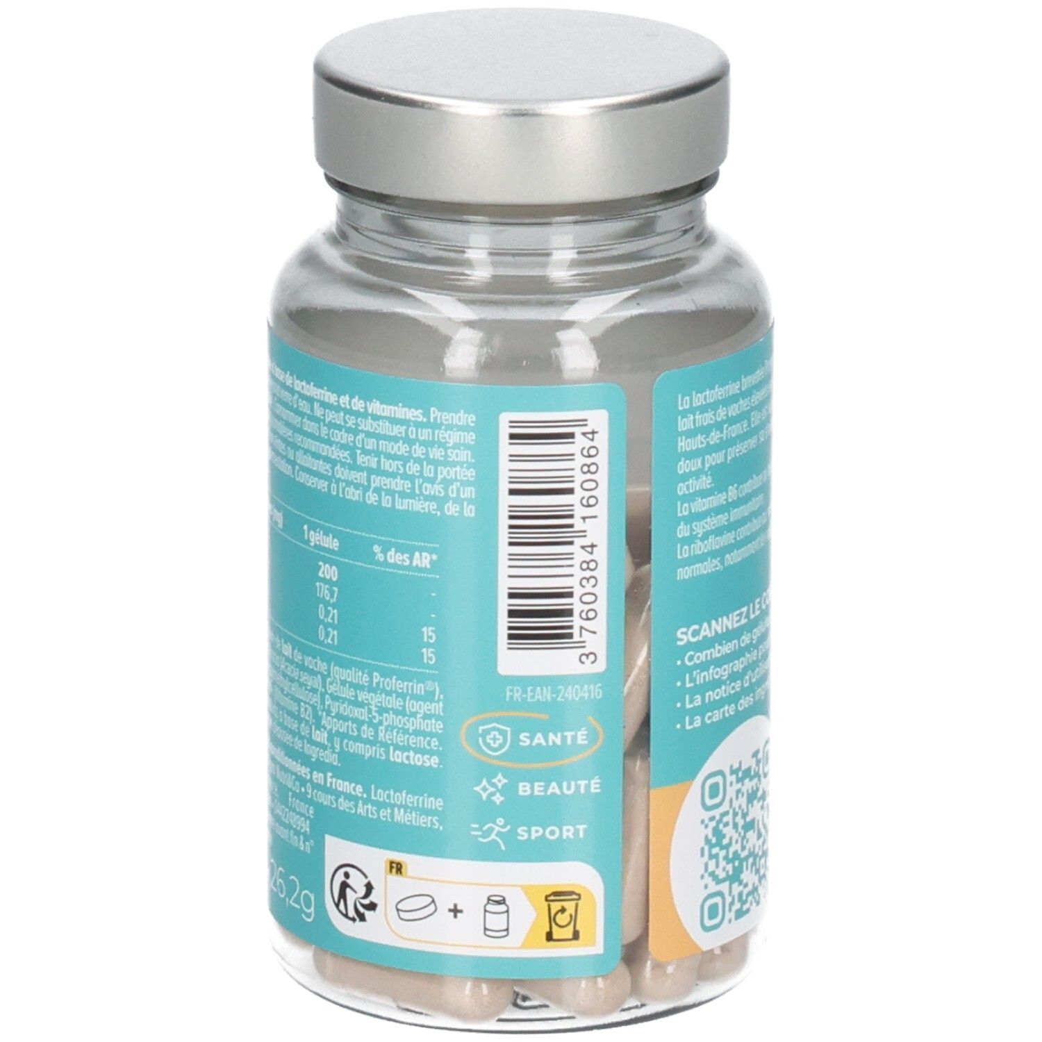 Vue latérale d'une bouteille de Lactoferrine. Montre le tableau nutritionnel, les ingrédients et les sceaux comme "Santé", "Beauté", "Sport".