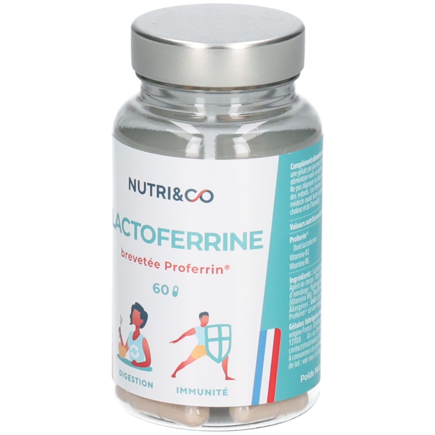Bouteille en verre de 60 gélules de Lactoferrine, marque Nutri & Co. Qualité Proferrin.