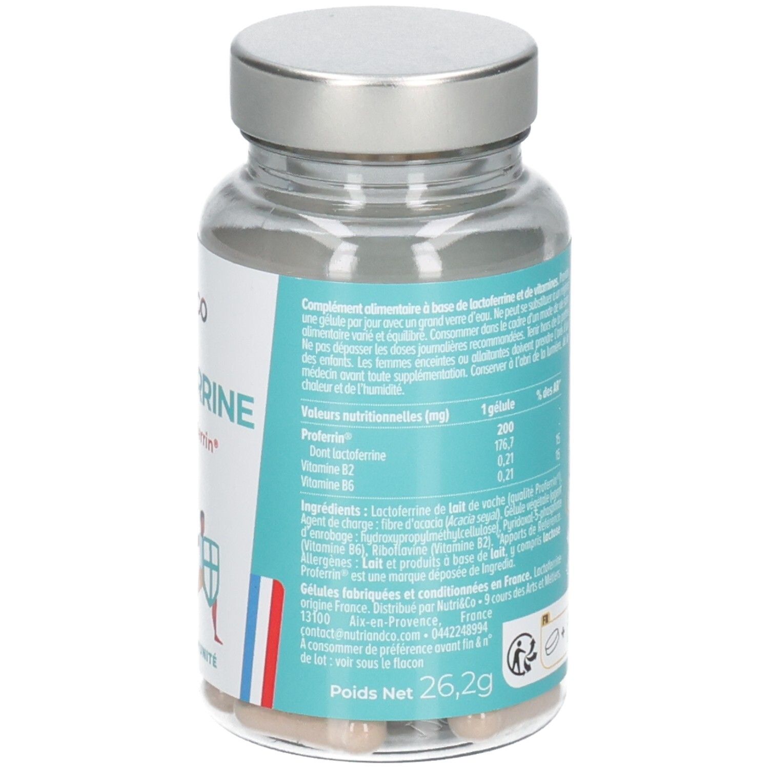Vue arrière d'une bouteille en verre de 60 gélules de Lactoferrine. Contient informations nutritionnelles et ingrédients.