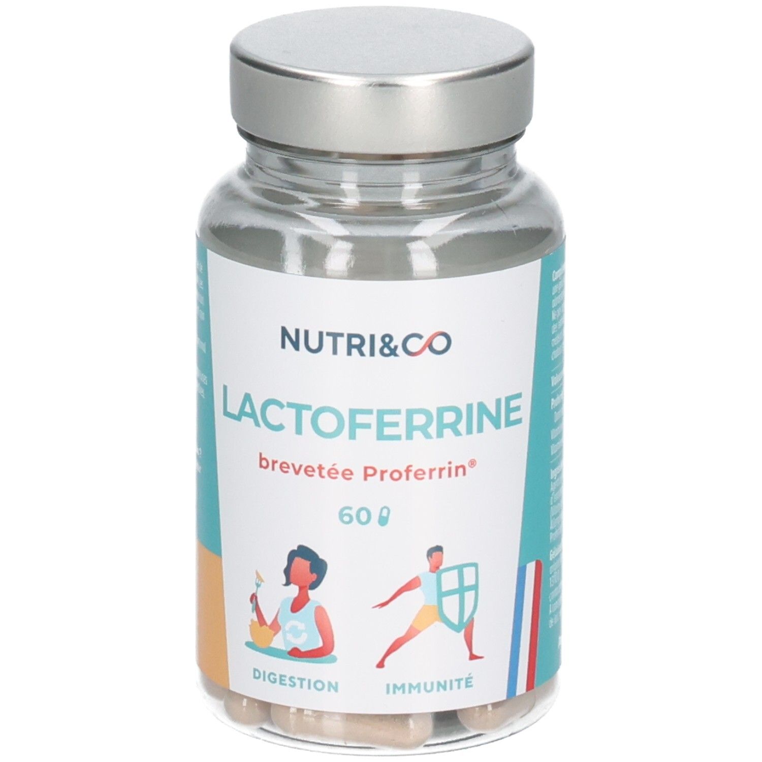Bouteille en verre de 60 gélules de Lactoferrine, marque Nutri & Co. Qualité Proferrin.