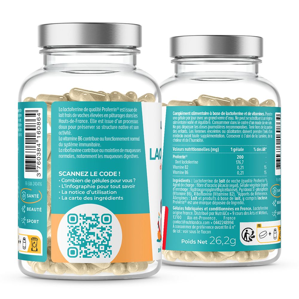 Vue arrière d'une bouteille en verre de 60 gélules de Lactoferrine. Contient informations nutritionnelles et ingrédients.