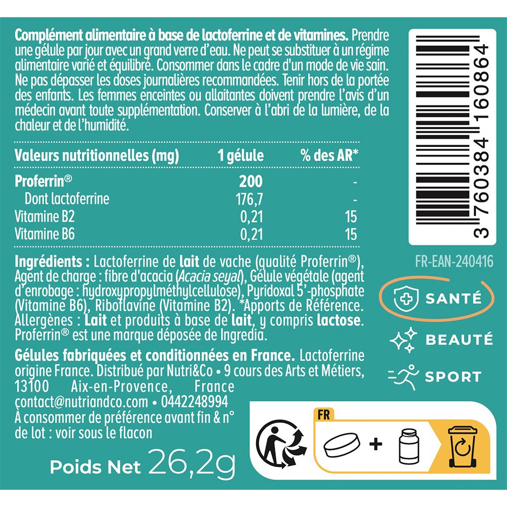 Vue détaillée du dos d'une bouteille de Lactoferrine. Montre tableau nutritionnel, ingrédients et code-barres.
