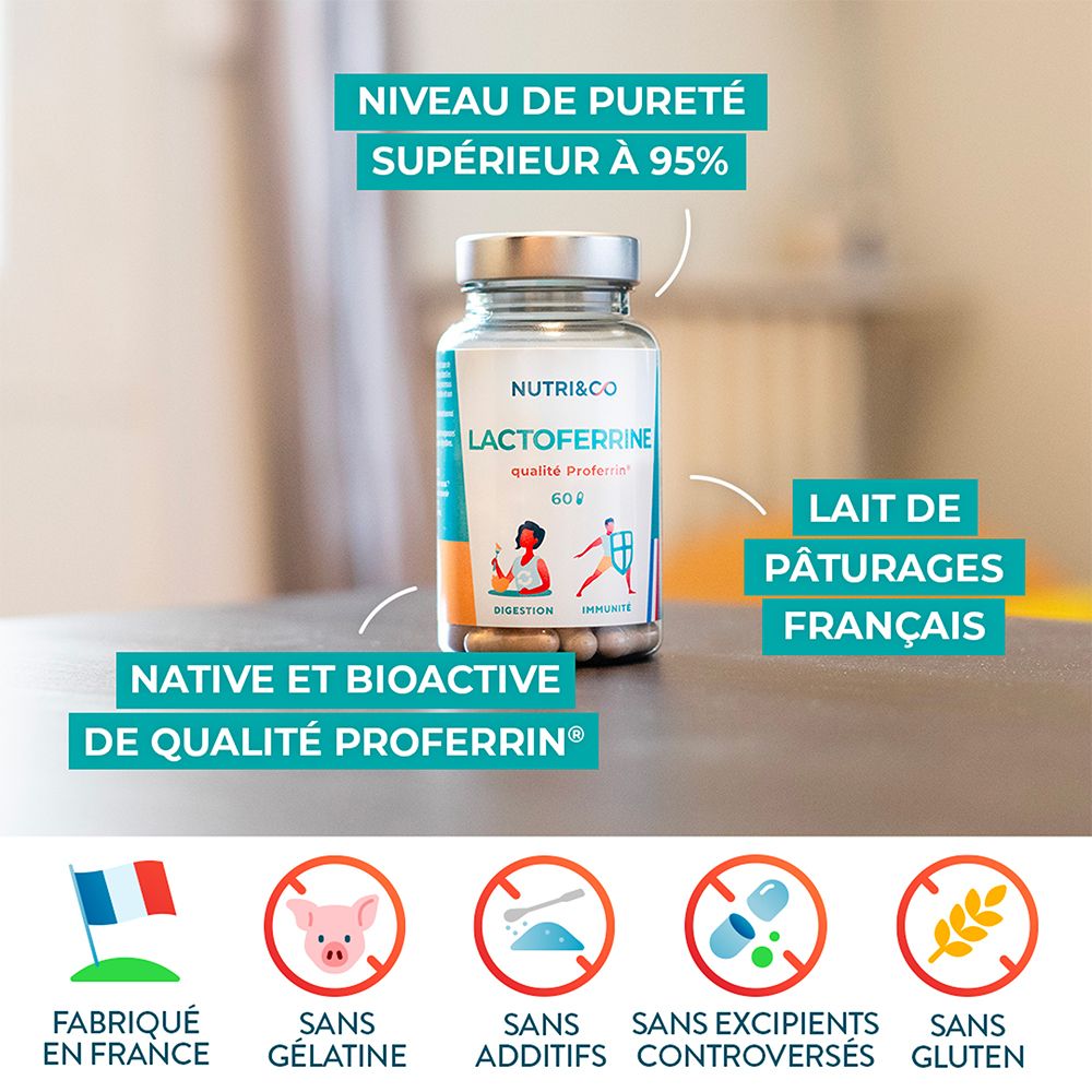 Bouteille de Lactoferrine Nutri & Co sur une table. Met en avant "Lait de pâturages français" et "Native et Bioactive".