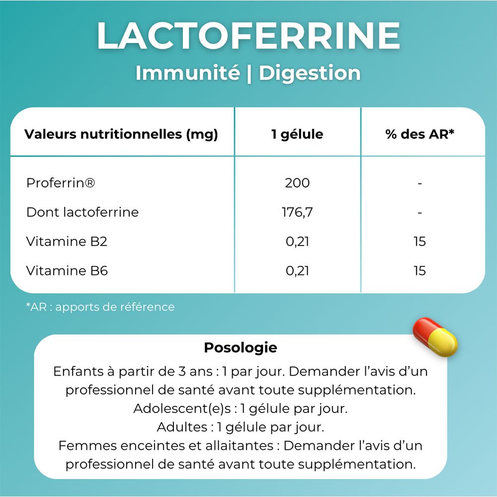 Détail du tableau nutritionnel pour les gélules de Lactoferrine. Indique la teneur en Proferrin et Vitamine B2/B6 par gélule.