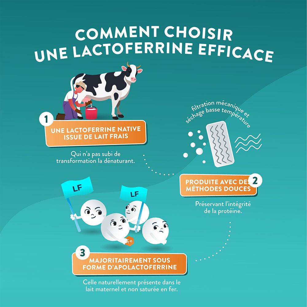 Infographie sur la fabrication de Lactoferrine à partir de lait frais. Montre les étapes de traitement et la préservation des protéines.