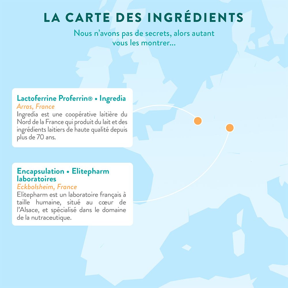 Carte mettant en évidence l'origine de la Lactoferrine Proferrin à Arros, France, et l'encapsulation à Eckbolsheim.