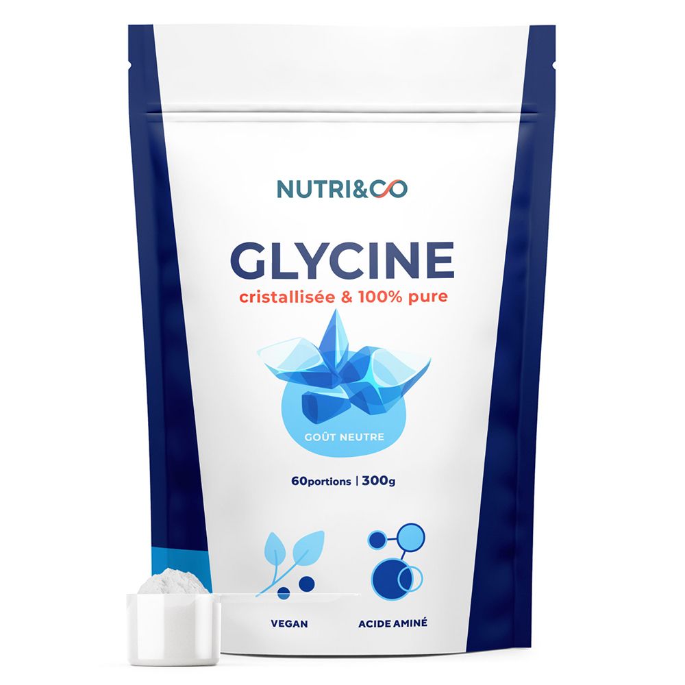 Sachet blanc à fond bleu, indiquant "GLYCINE cristallisée & 100% pure" avec une forme de cristal bleue stylisée.