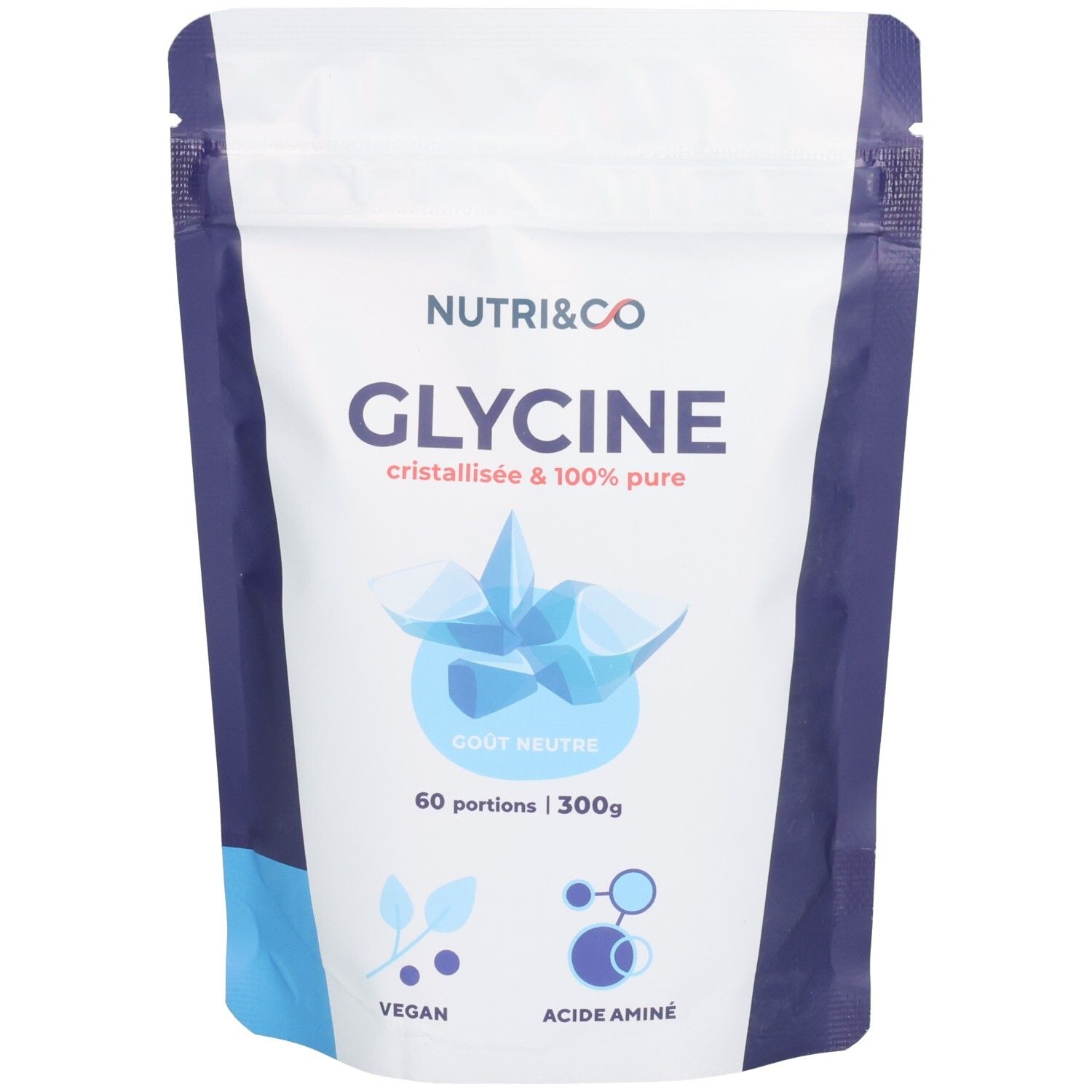 Sachet blanc et bleu avec texte GLYCINE, cristallisée & 100% pure. Logo Vegan. Contenance 300g.