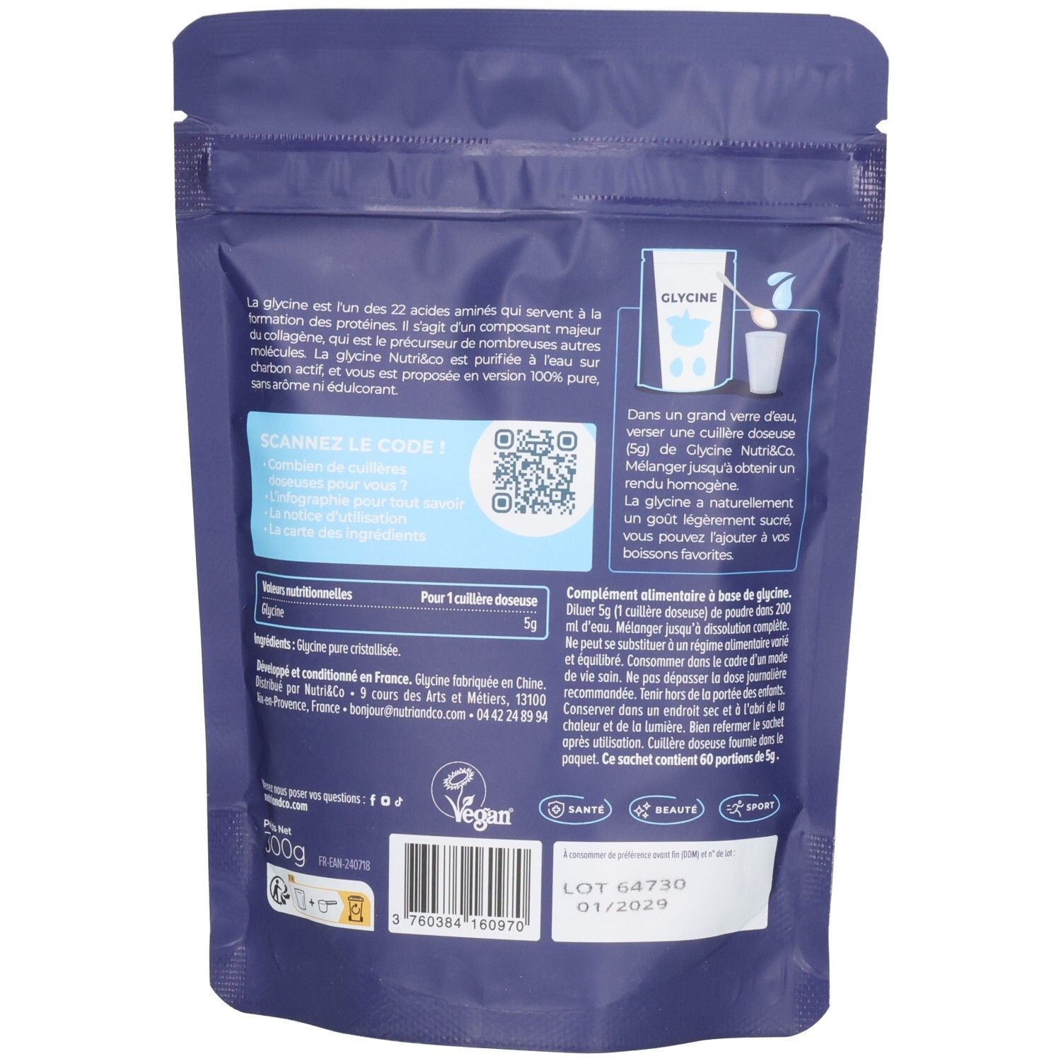 Dos du sachet. Informations textuelles, code QR, logo Vegan, numéro de lot et date de péremption.
