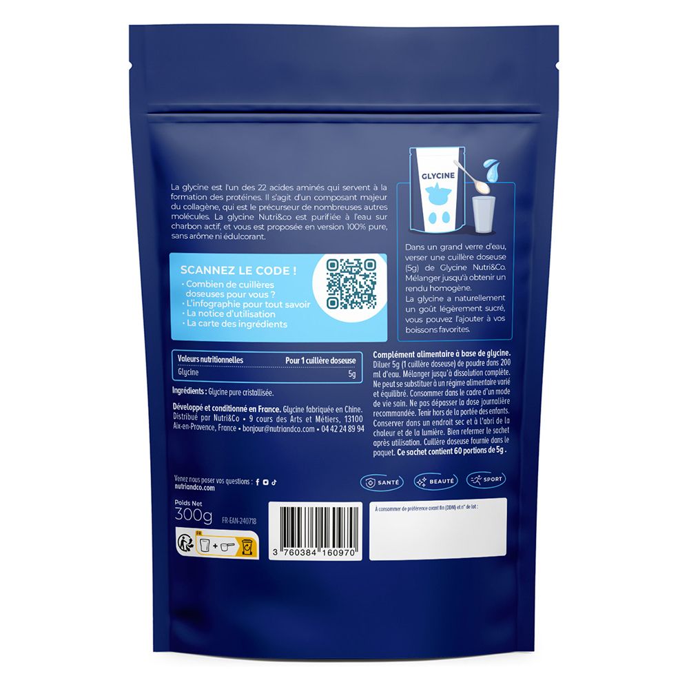 Arrière d'un sachet bleu avec informations produit, QR code et instructions de préparation.