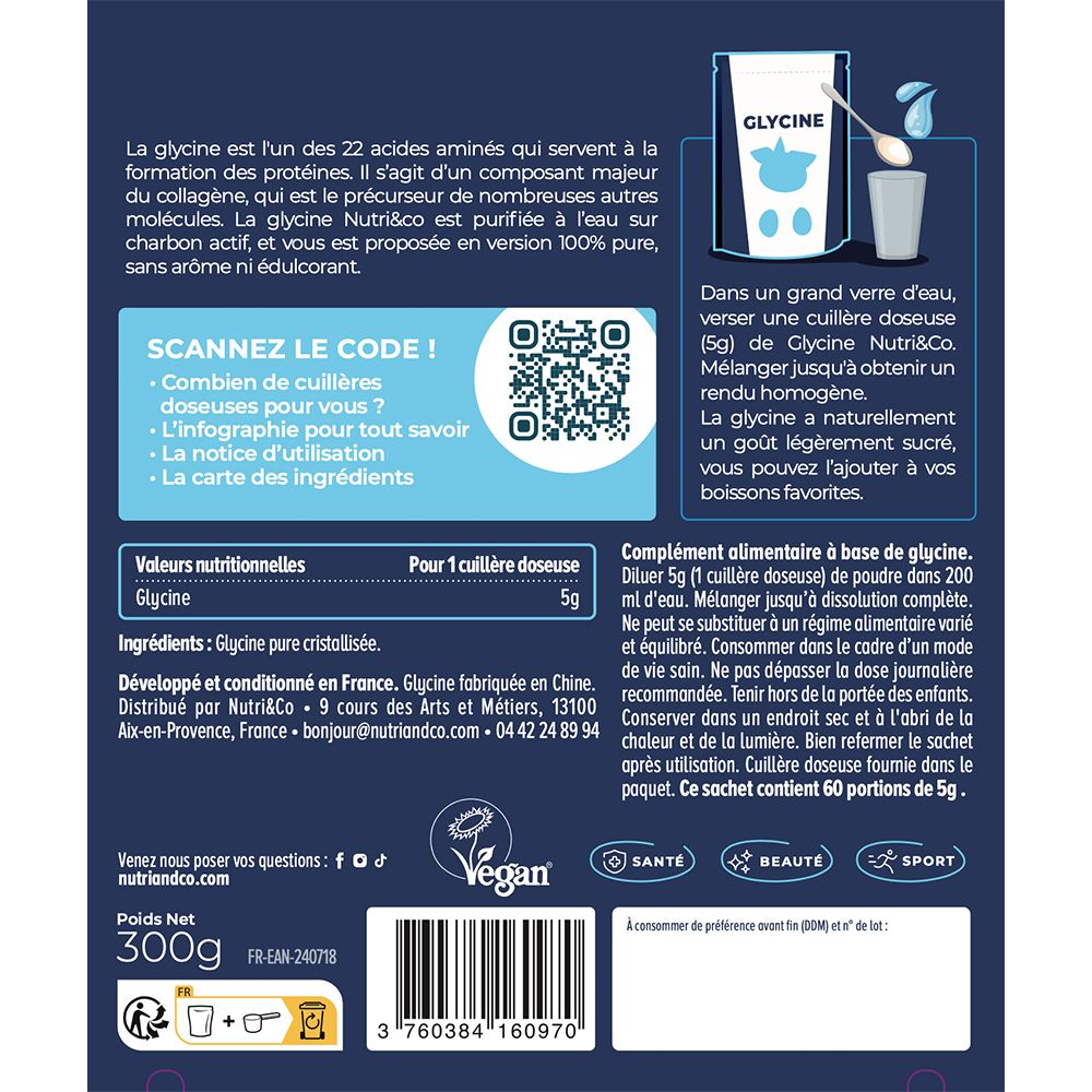 Arrière d'un sachet bleu détaillant les ingrédients, valeurs nutritionnelles et origine.