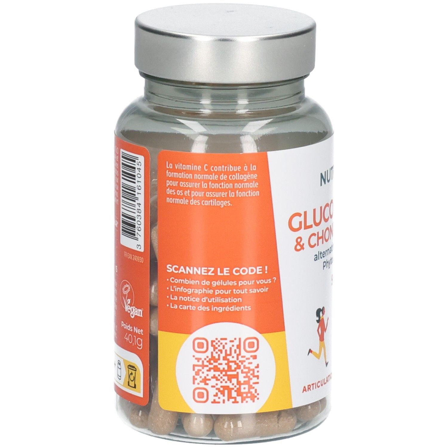 Vue arrière de la bouteille Nutri & Co Glucosamine & Chondroïtine avec QR code et instructions.