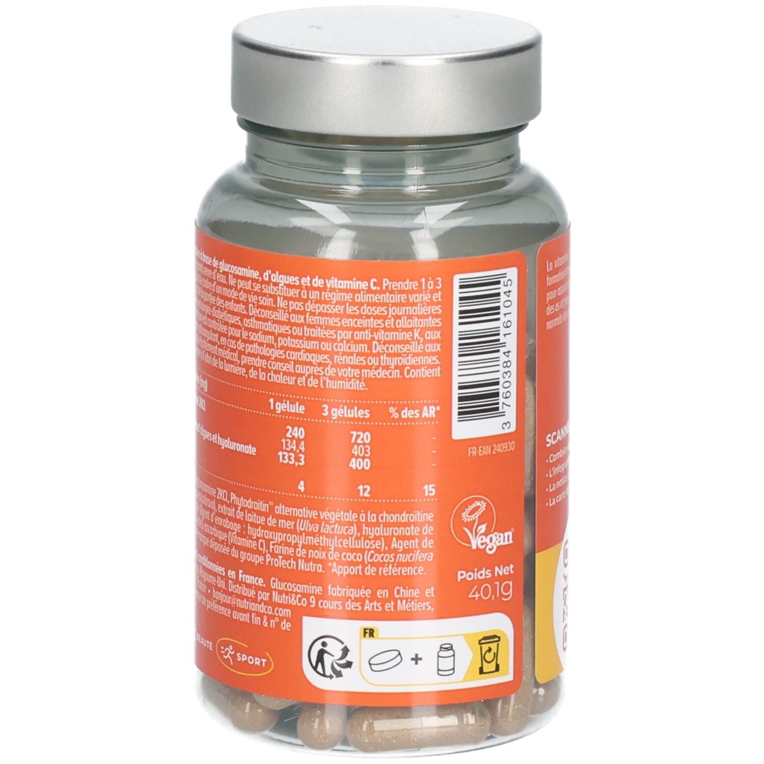 Vue latérale de la bouteille Nutri & Co Glucosamine & Chondroïtine avec informations détaillées.