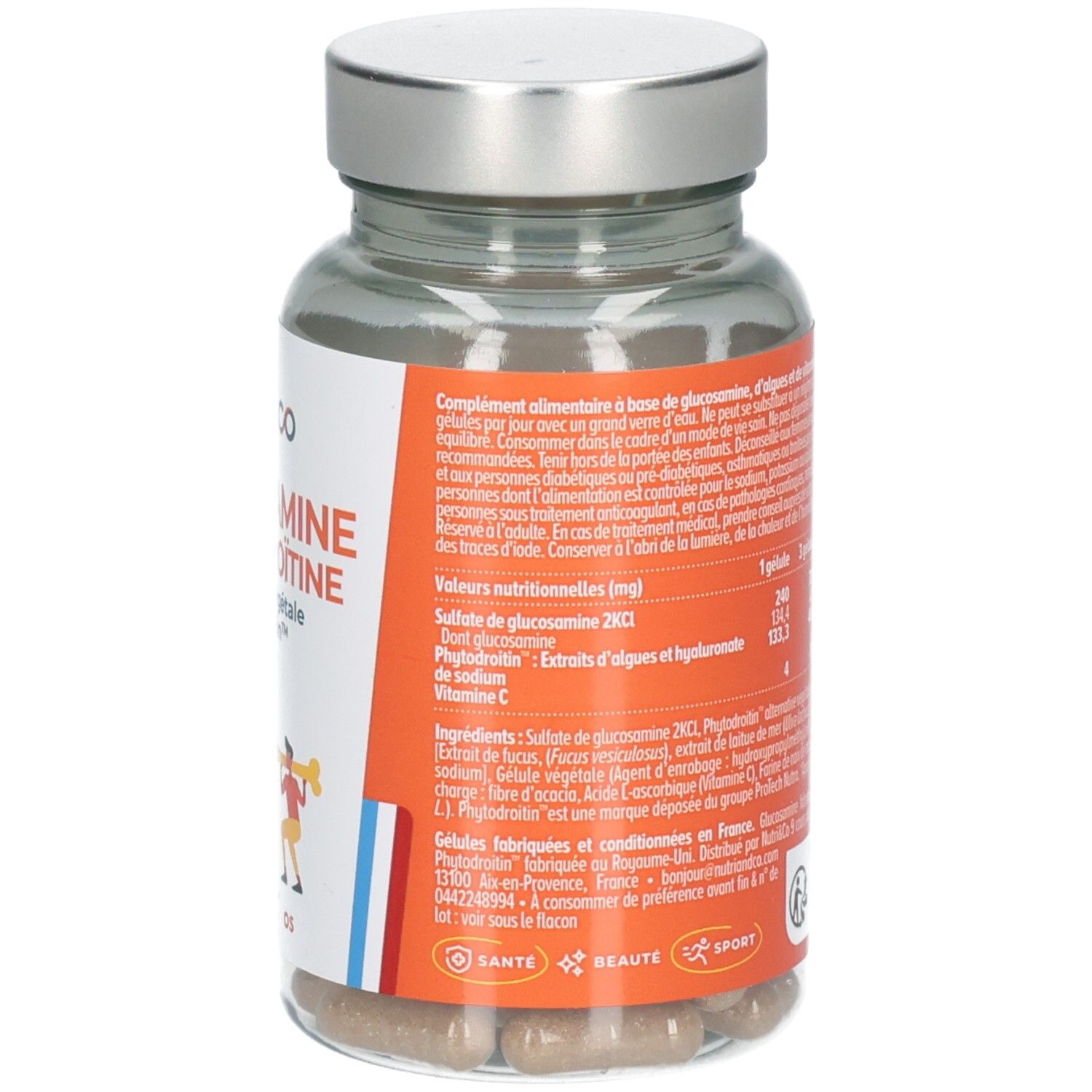 Bouteille Nutri & Co Glucosamine & Chondroïtine, arrière avec informations détaillées.
