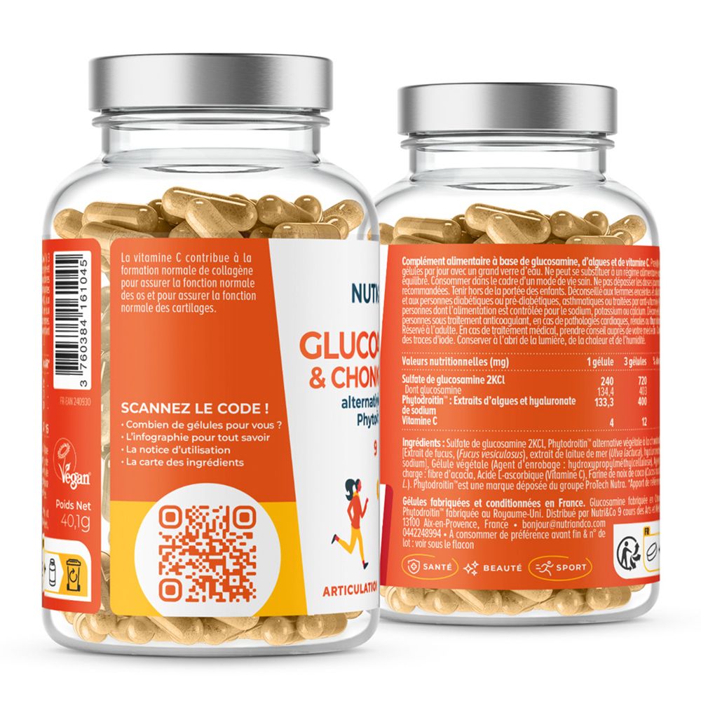Vue arrière de la bouteille Nutri & Co Glucosamine & Chondroïtine avec informations nutritionnelles.