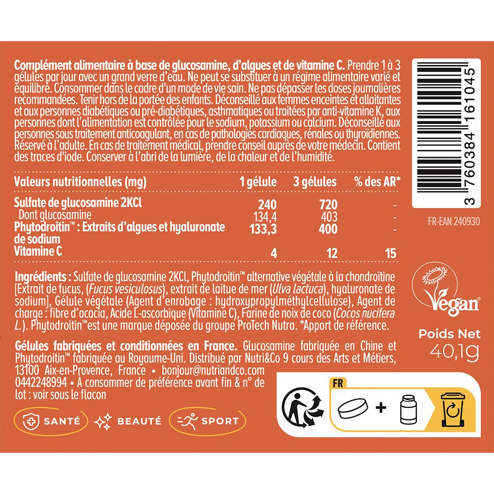 Vue détaillée de la bouteille Nutri & Co Glucosamine & Chondroïtine avec liste d'ingrédients et sceaux.