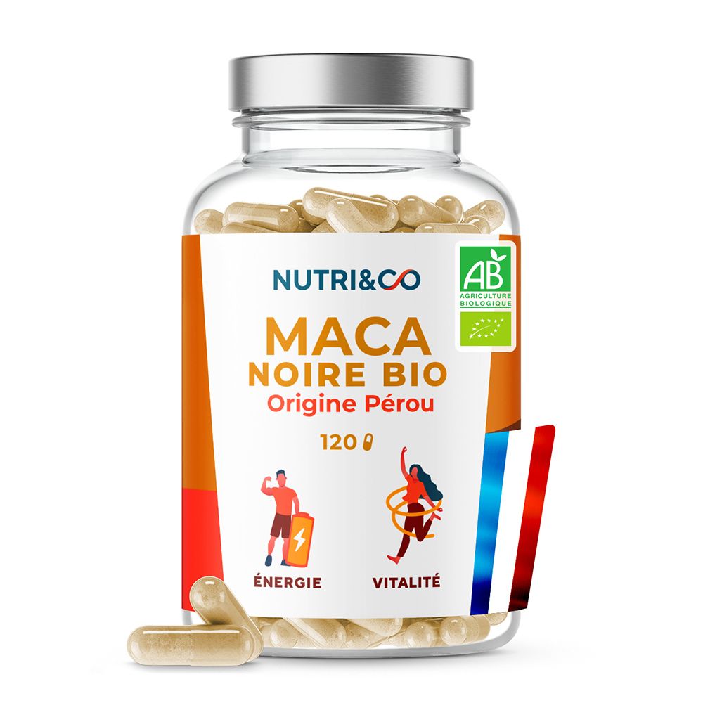 Nutri & Co Maca Noire Bio, 120 gélules. Logo AB Bio et visuels énergie et vitalité.