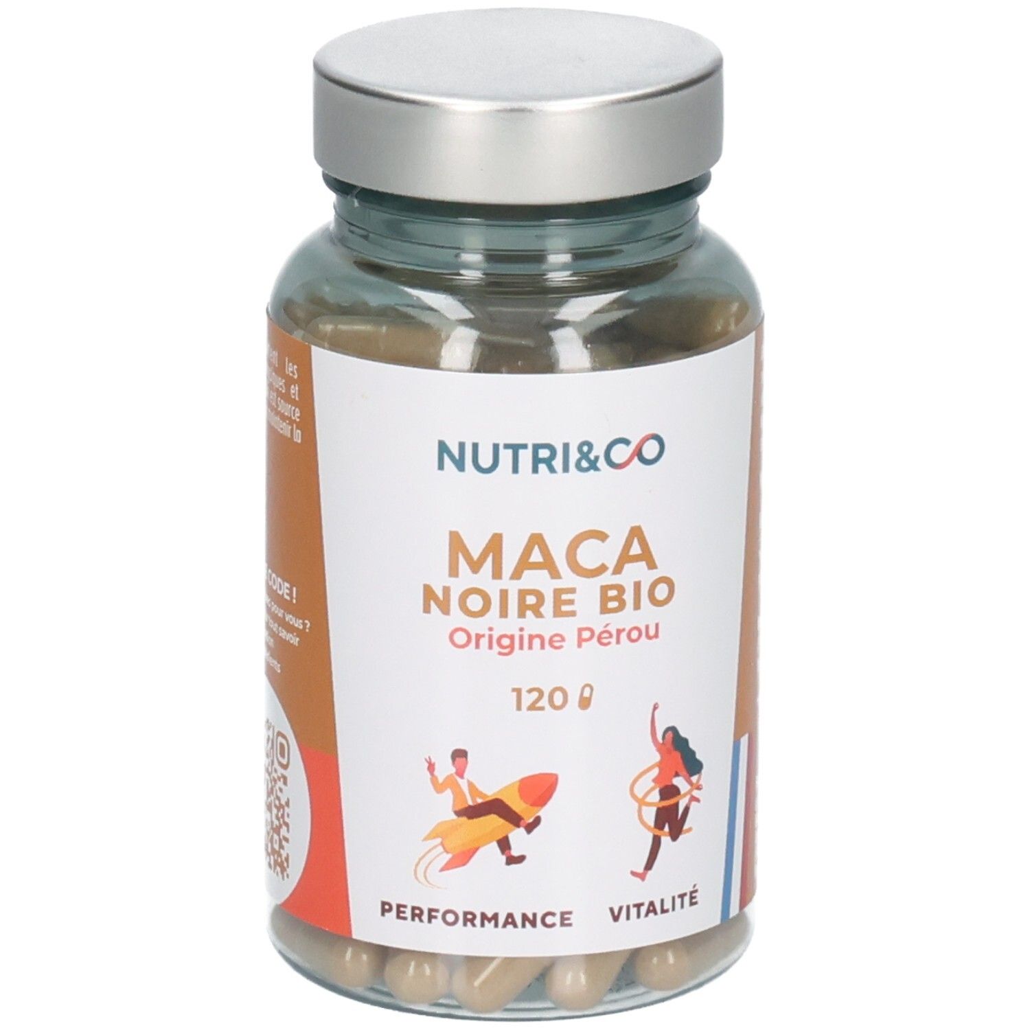 Nutri & Co Maca Noire Bio, 120 gélules. Vue avant avec logo AB Bio et symboles énergie et vitalité.