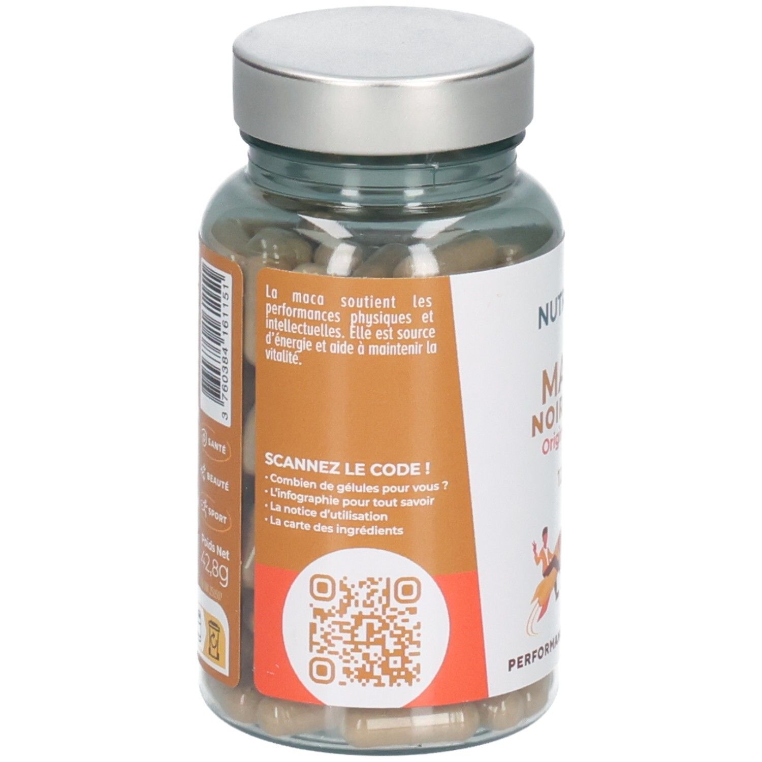 Vue latérale Nutri & Co Maca Noire Bio. Contient texte sur la maca et code QR.