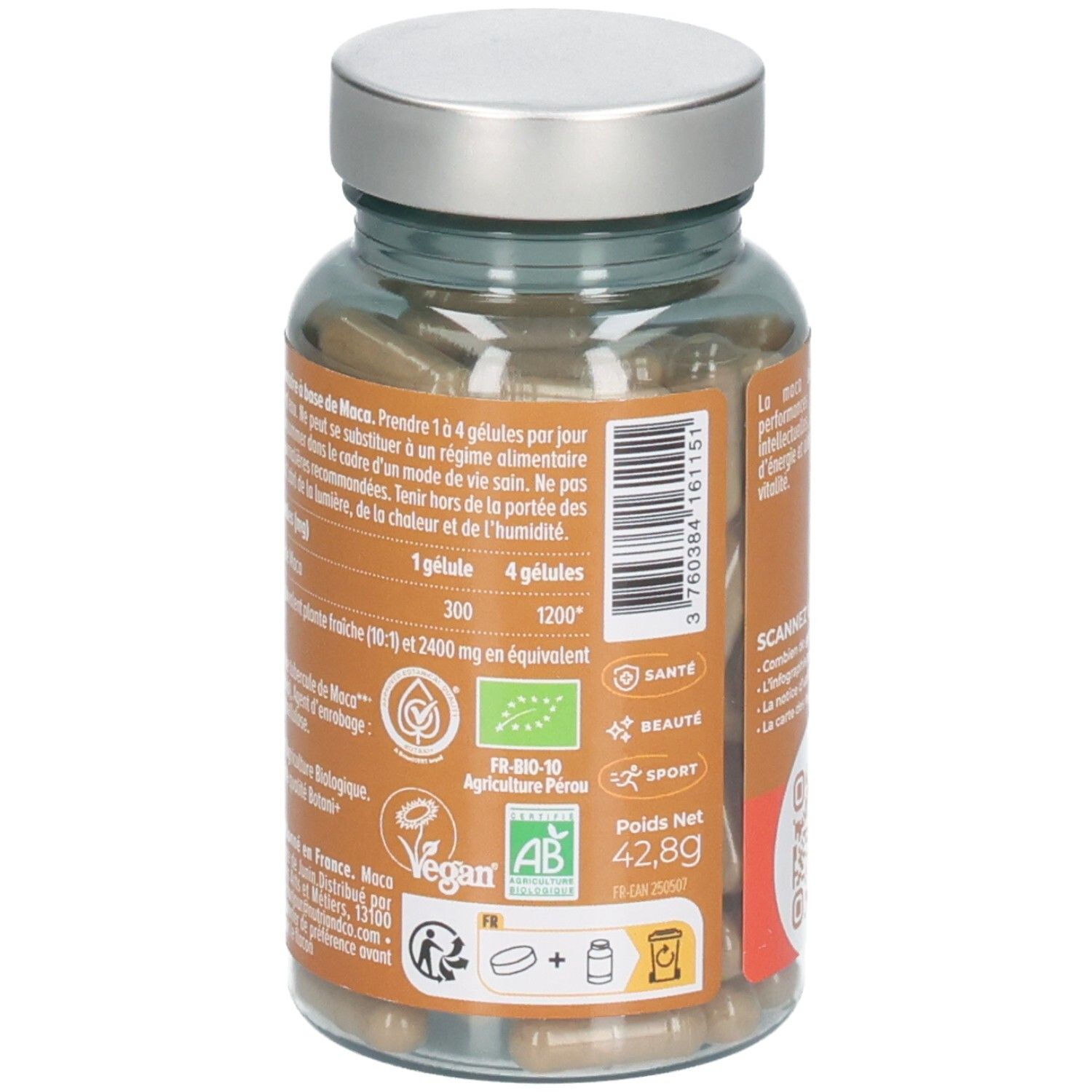 Vue arrière Nutri & Co Maca Noire Bio. Montre informations nutritionnelles, logos Bio et Vegan.