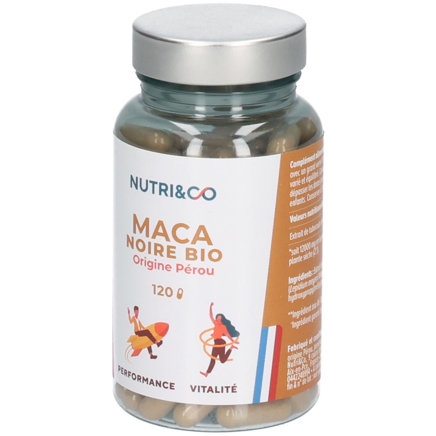 Nutri & Co Maca Noire Bio, 120 gélules. Vue avant avec logo AB Bio et symboles énergie et vitalité.