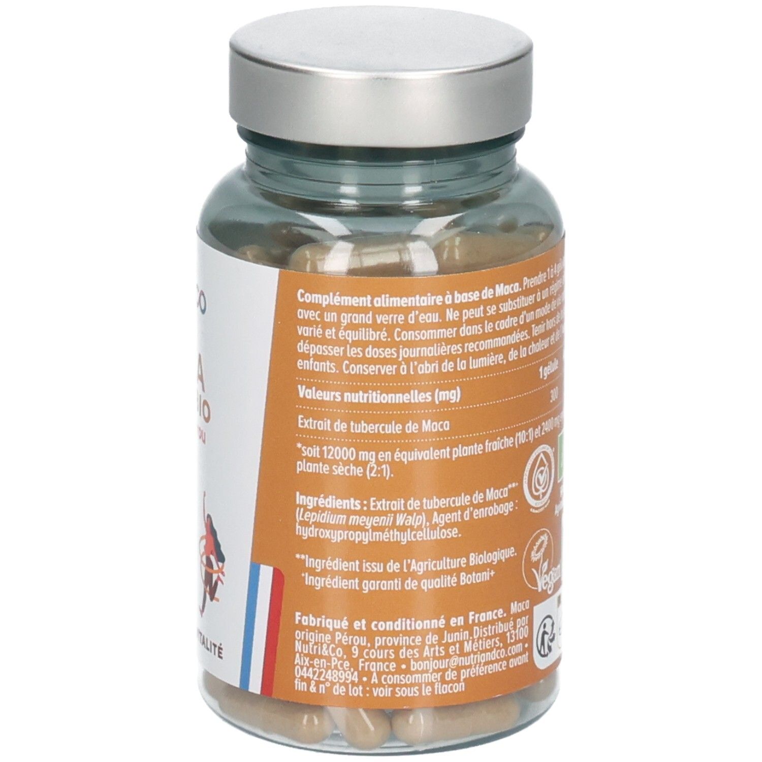Vue latérale Nutri & Co Maca Noire Bio. Contient informations nutritionnelles et logo AB Bio.