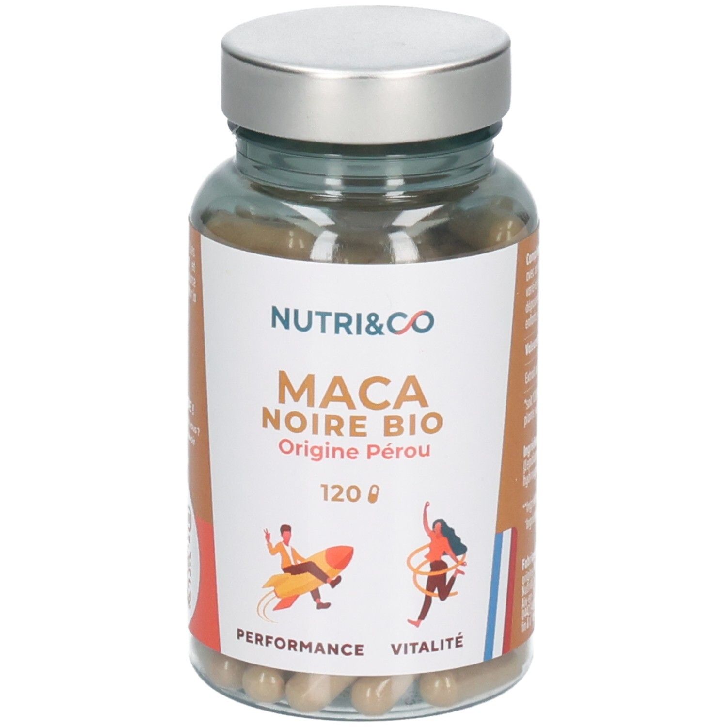 Nutri & Co Maca Noire Bio, 120 gélules. Vue avant avec logo AB Bio et symboles énergie et vitalité.