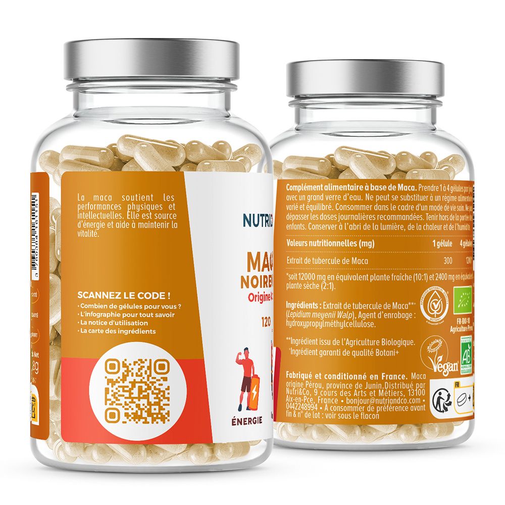 Arrière Nutri & Co Maca Noire Bio. Contient informations nutritionnelles, logo AB Bio et QR code.